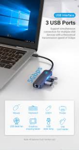 Vention USB-C to USB 3.0*3, RJ45, Micro-B HUB 0.15M Black ABS Type
