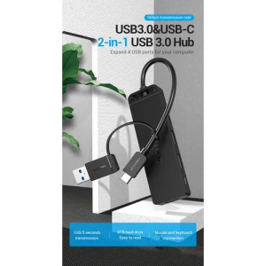 Vention 4‑Port USB 3.0 Hub with Power Supply (0.5M, Black)