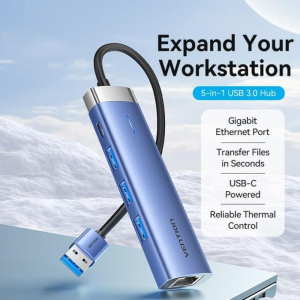 Vention 5-in-1 USB 3.0 to USB 3.0 x 3/RJ45/USB-C Hub 0.15M Blue Aluminum Alloy Type