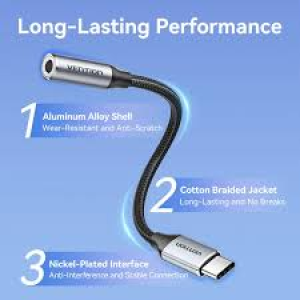 Vention USB-C Male to 3.5MM Earphone Jack With DAC Adapter 0.1M Gray Aluminum Alloy Type
