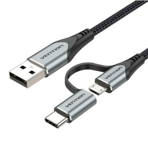 Vention USB 2.0 A Male to 3-in-1 Micro-B&USB-C&Lightning Male Cable 1M Gray Aluminum Alloy Type