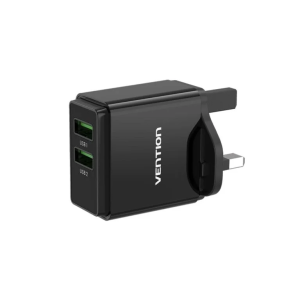 Vention Two-Port  USB(A+A) Wall Charger (18W/18W) UK-Plug Black